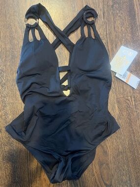 Becca Black Ring Cutout Plunge One Piece Swimsuit NWT Size S Open Back
